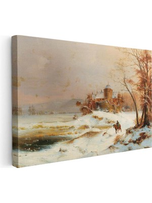 Tablofest Yatay Kanvas Tablo August Cappelen Kış Donmuş Göl Kenarında Kale Ressam Tablosu Ev Ofis Duvar Dekoru