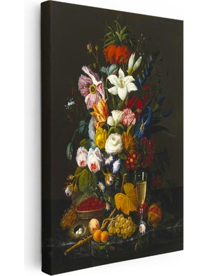 Tablofest Dikey Kanvas Tablo Severin Roesen Şampanya Kadehi Kuş Yumurtası Çiçek Ressam Tablosu Ev Ofis Dekoru