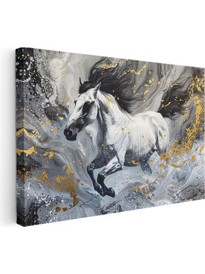 Tablofest Yatay Kanvas Tablo Gri Akışkan Fon Altın Detaylı At Tablosu Ev Ofis Duvar Dekoru