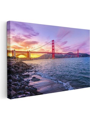 Tablofest Yatay Kanvas Tablo Golden Gate Köprüsü Mor Gökyüzü Şehir Mimari Tablo Ev Ofis Duvar Dekoru