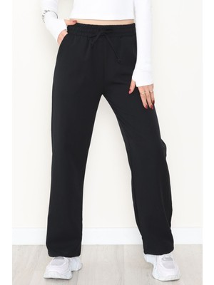 f.kereci Kadın Siyah Yüksek Bel Lastikli Double (Dabıl) Kumaş Palazzo Pantolon