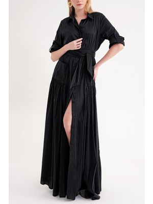 Societa Siyah Büzgülü uzun gömlek elbise 94713