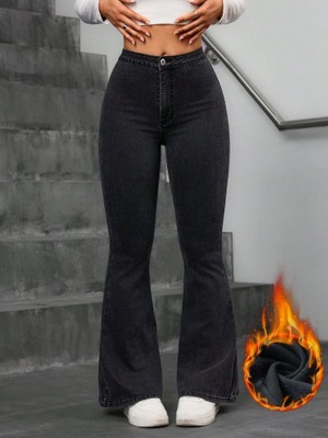 Sidelya Concept Kadın Yüksek Bel Tek Düğmeli Paçaya Doğru Genişleyen Kot Pantolon