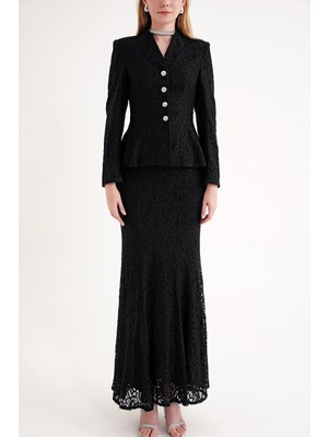 Societa Siyah Vücuda oturan ceket ve yüksel bel etekli takım 12372