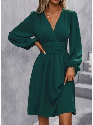 Sidelya Concept Kadın Uzun Kollu Kruvaze Yakalı Bel Korsajlı Mini Elbise