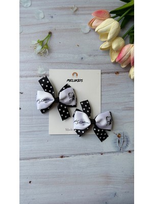 MELOKİDS Siyah Beyaz Puantiye Desenli Kurdele ,10 Kasım Atatürk Kurdele Toka -2 Adet Klipsli
