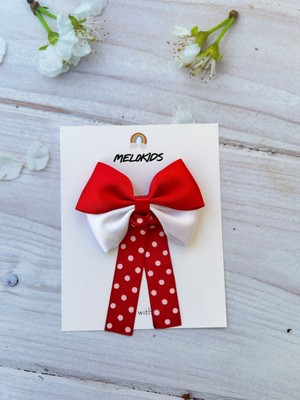 MELOKİDS Beyaz-Kırmızı Kurdele ve Puantiye Kuyruklu Klipsli Saç Tokası 1 Adet