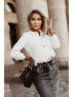 Sidelya Concept Kadın Metal Düğmeli Dokuma Viskon Kumaş Gömlek