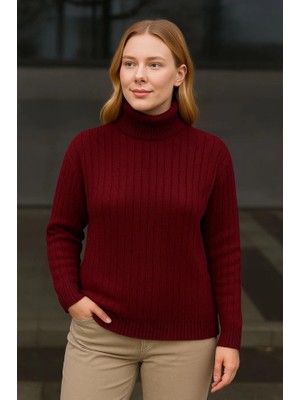 Sidelya Concept Balıkcı Yaka Bağazlı Triko Kazak Pamuklu Kalın Fitilli Dokuma - Bordo