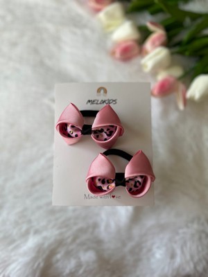 MELOKİDS Kız Çocuk Saç Tokası Pembe Kurdele Leopar Desenli 2lilastikli