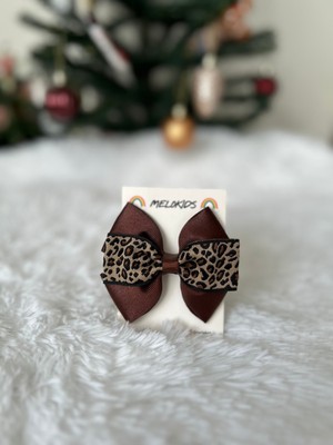 MELOKİDS Leopar Desenli Kahverengi Kurdele Saç Tokası -Lastikli