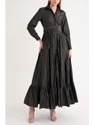 Societa Antrasit Kemerli etek ucu büzgülü  uzun gömlek elbise 94207