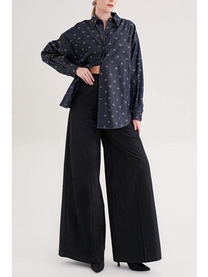 Societa Antrasit Bol kesim kristal taşlı denim gömlek 10848