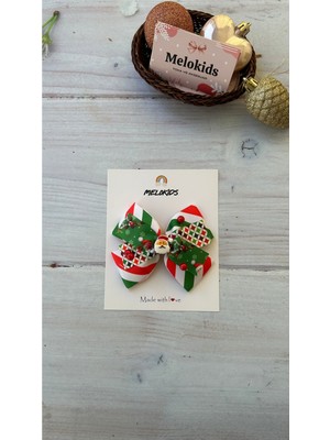 MELOKİDS Yılbaşı Temalı Özel Tasarım Kurdele Saç Tokası -Noel Baba