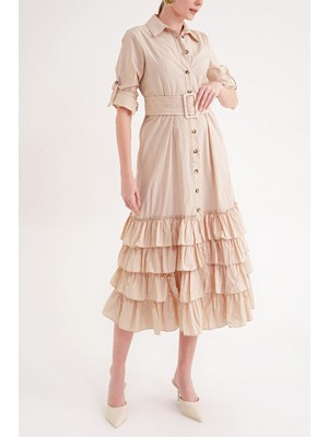 Societa Bej Fırfırlı uzun gömlek elbise 93979