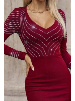 Veraura Lifestyle Kadın Uzun Kollu V Yakalı Taşlı Mini Ithal Krep Elbise