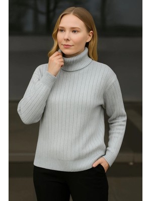 Sidelya Concept Balıkcı Yaka Bağazlı Triko Kazak Pamuklu Kalın Fitilli Dokuma - Gri