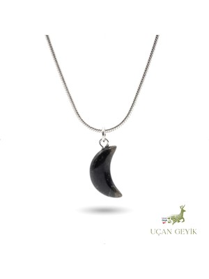 Uçan Geyik Hilal Şeklinde Siyah Akik Doğal Taş Kolye - Paslanmaz Çelik | Sakinlik, Stres Azaltma, Odaklanma - Kadın Takı