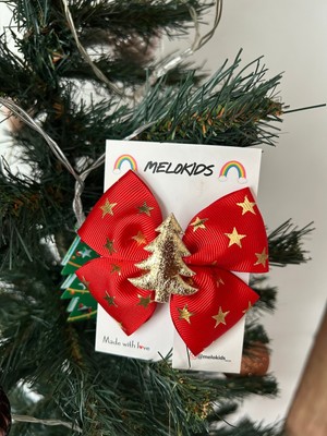 MELOKİDS Yılbaşı Temalı Kırmızı Yıldızlı Kurdele Altın Çam Figürlü Kurdele Toka