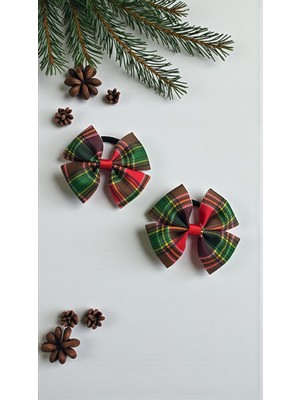 MELOKİDS Ekose Desenli Yılbaşı Temalı Lastikli Kurdele Saç Tokası