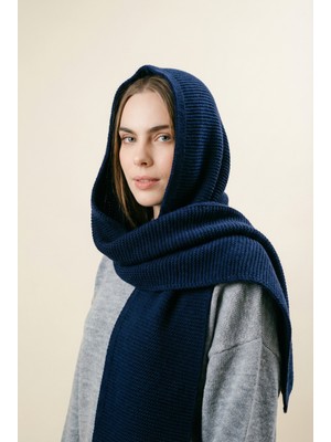 Kadın Kapüşonlu Kalın Triko Atkı – Lacivert