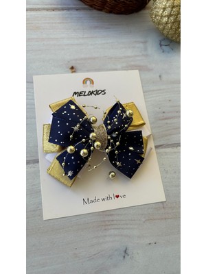 MELOKİDS Yılbaşı Temalı Özel Tasarım Kurdele Saç Tokası -Gold ve Lacivert