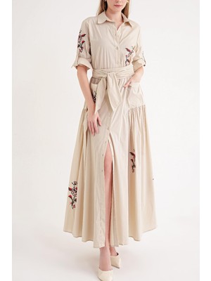 Societa Bej Nakışlı uzun gömlek elbise 94497