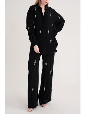 Societa Siyah Kristal taş işlemeli bol kesim gömlek ve beli lastikli pantlonlu ikili takım 12386