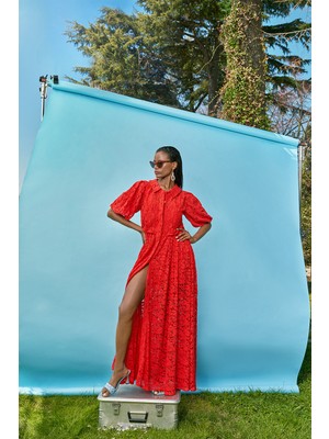 Societa Kırmızı Kolları büzgülü uzun dantel elbise 93513