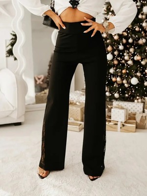 Sidelya Concept Kadın Yüksek Bel Yanlardan Dantelli Paçaya Doğru Geniş Kesim Detaylı Ithal Krep Pantolon