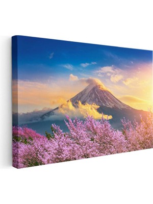 Tablofest Yatay Kanvas Tablo Karlı Fuji Dağı ve Sakura Ağaçları Manzara Tablosu Ev Ofis Duvar Dekoru