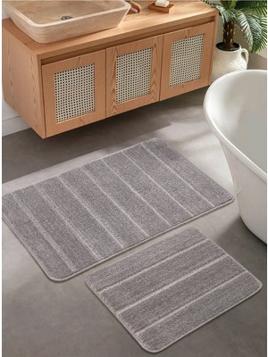 Konfor Halı Doğal Kaymaz Taban Banyo Paspas Set Yumuşak Dokulu Su Emici Yıkanabilir Yeni Çizgili Set 50X80-50X40