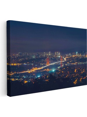 Tablofest Yatay Kanvas Tablo Boğaz Köprüsü ve Uzak Şehir Işıkları Şehir Mimari Tablo Ev Ofis Duvar Dekoru