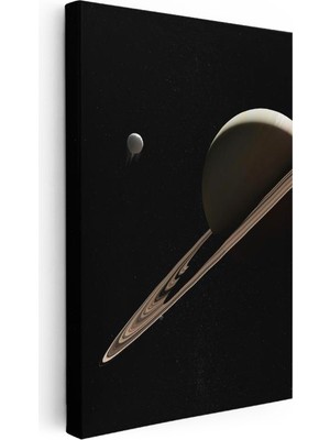 Tablofest Dikey Kanvas Tablo Satürn Gezegeni Halkaları ve Uydusu Manzara Tablosu Ev Ofis Duvar Dekoru