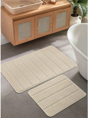 Konfor Halı Doğal Kaymaz Taban Banyo Paspas Set Yumuşak Dokulu Su Emici Yıkanabilir Yeni Çizgili Set 50X80-50X40