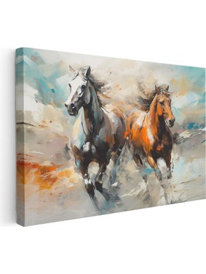 Tablofest Yatay Kanvas Tablo Fırça Darbeli Koşan Iki At At Tablosu Ev Ofis Duvar Dekoru