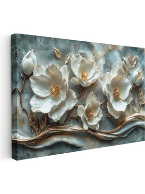 Tablofest Yatay Kanvas Tablo Kabartma Görünümlü Yaldızlı Çiçek Tablosu Ev Ofis Duvar Dekoru