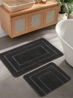 Konfor Halı Doğal Kaymaz Taban Banyo Paspas Seti Uzun Ömürlü Yumuşak Dokulu Su Emici Yıkanabilir Çerçeve Set 50X80-50X40