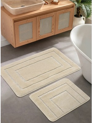 Konfor Halı Doğal Kaymaz Taban Banyo Paspas Seti Uzun Ömürlü Yumuşak Dokulu Su Emici Yıkanabilir Çerçeve Set 50X80-50X40