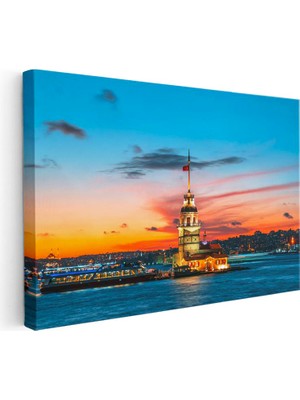 Tablofest Yatay Kanvas Tablo Kız Kulesi Turuncu Gün Batımı Şehir Mimari Tablo Ev Ofis Duvar Dekoru