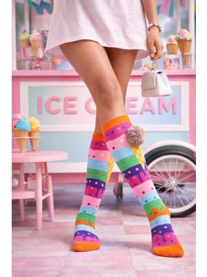 Kız Çocuk Dondurma Desenli Dizaltı Çorap