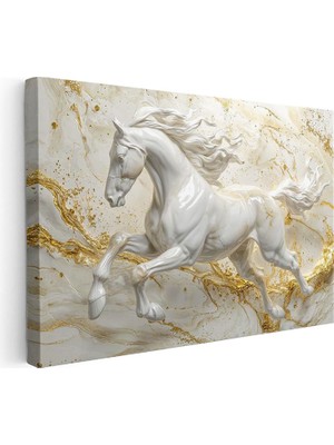 Tablofest Yatay Kanvas Tablo Altın Detaylı Mermer Görünümlü At Tablosu Ev Ofis Duvar Dekoru