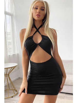 bebekokusu Kadın Siyah Sırt ve Göğüs Dekolteli Boyundan Bağlamalı Gecelik