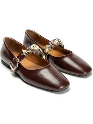 Emienza Neptune Vegan Rustik Deri Altın Toka Detaylı Bayan Babet