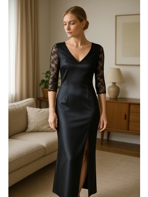 Miorre Doremi Dantel Kollu Yırtmaçlı Saten Maksi Gecelik