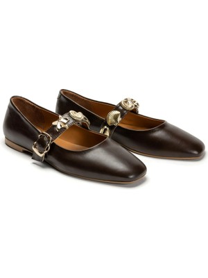 Emienza Neptune Vegan Rustik Deri Altın Toka Detaylı Bayan Babet