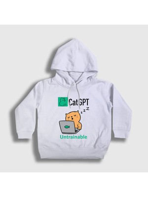 Presmono Unisex Çocuk Beyaz Cat Gpt Komik Yapay Zeka Kedi Kedili Kapüşonlu Sweatshirt