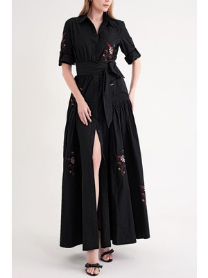 Societa Siyah Nakışlı uzun tafta elbise 94643 RPT