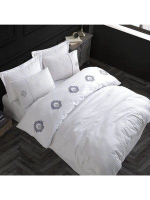 Colezium Elegant Nakışlı Pamuk Saten Çift Kişilik Nevresim Takımı Olimpos Beyaz