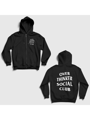 Presmono Unisex Siyah Overthinker Social Club Sırt Baskılı Fermuarlı Kapüşonlu Sweatshirt